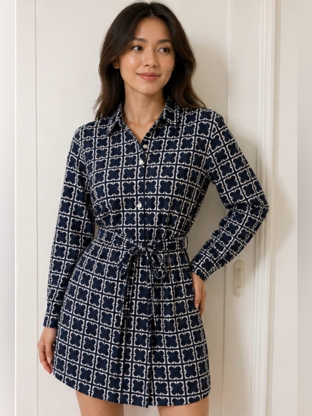 Liz Claiborne Navy and White Printed Long Sleeve Shirt Dress